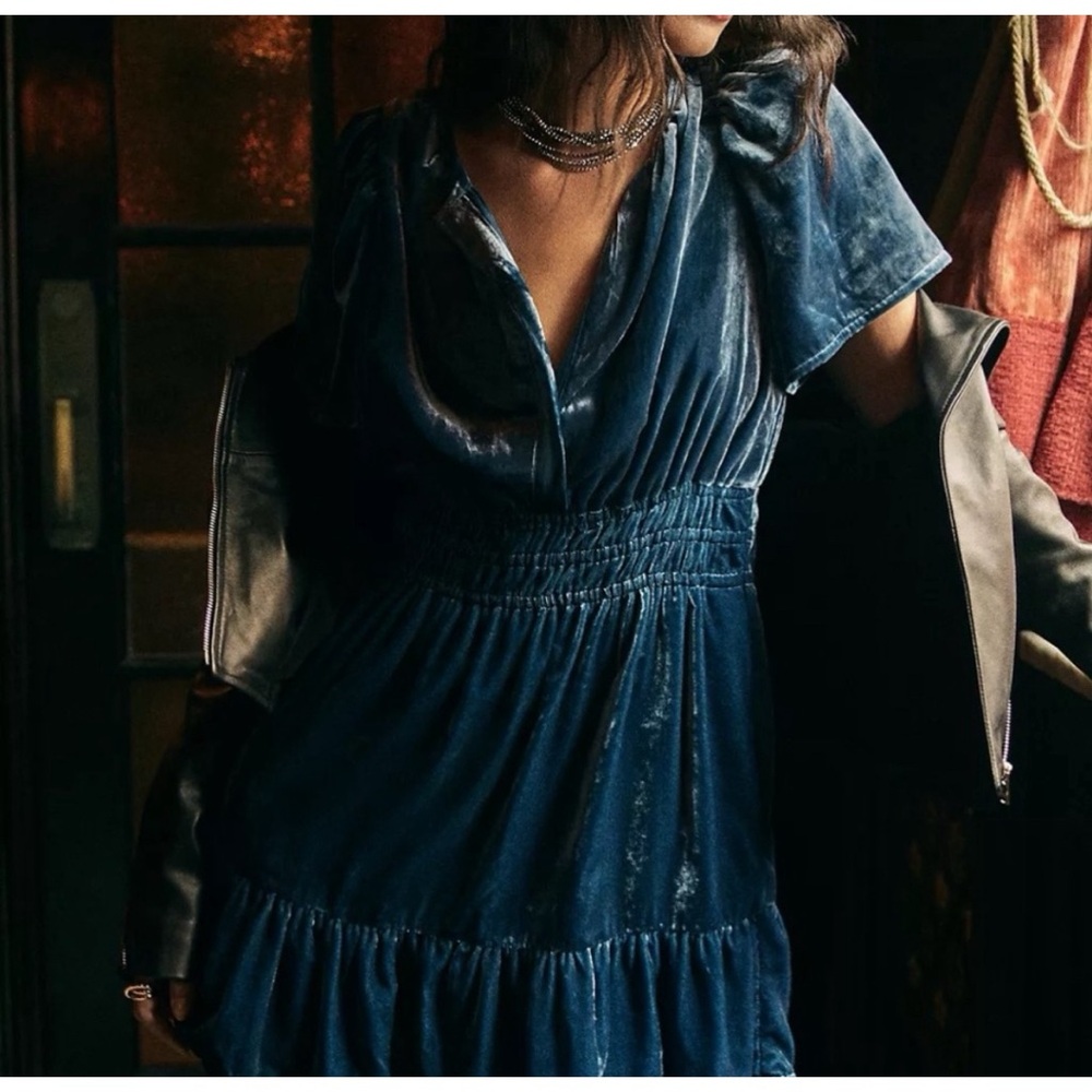 Anthropologie Somerset Blue Velvet Mini Dress Size M - Picture 2 of 16